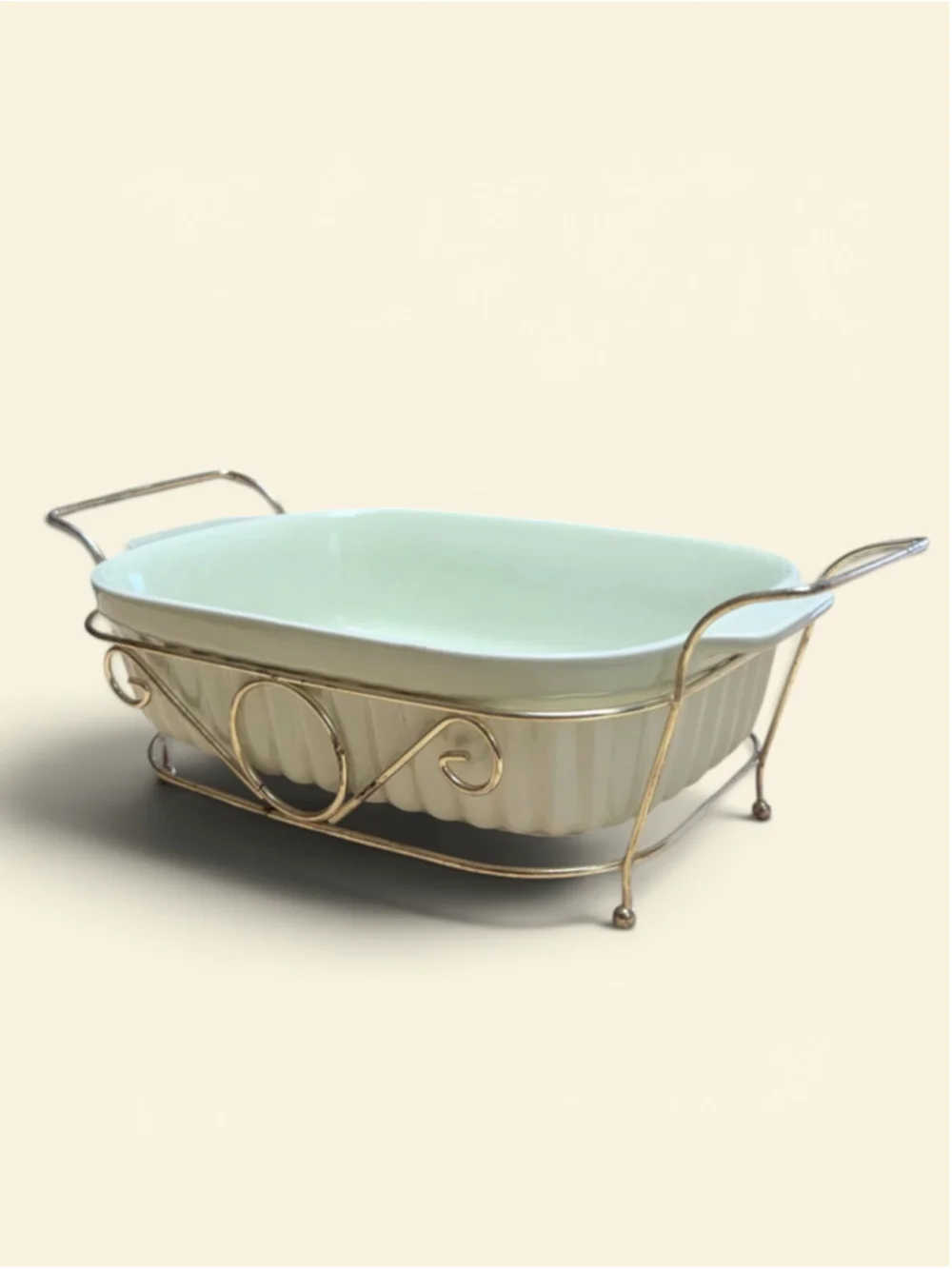 Vintage Sage Green Ceramic Baking Dish with Gold Tone Carrier | 1983 Oven to Tab